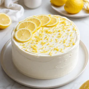 Finished lemon cream cake topped with lemon slices and zest