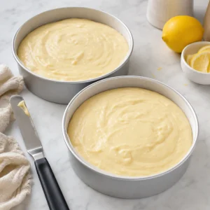 Lemon cake batter divided between two round pans