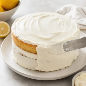 Lemon layer cake being smoothed with mascarpone frosting