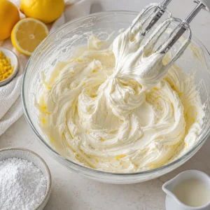 Silky mascarpone lemon frosting whipped in a mixing bowl