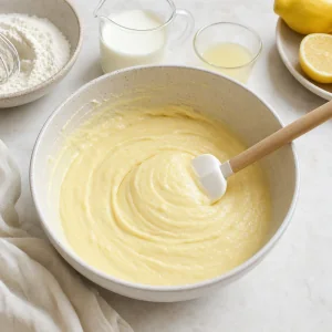 Smooth lemon cake batter folded with buttermilk and lemon juice