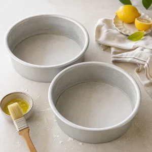 Two round cake pans greased and lined with parchment