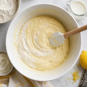 Cupcake batter being folded with flour, sour cream, and milk