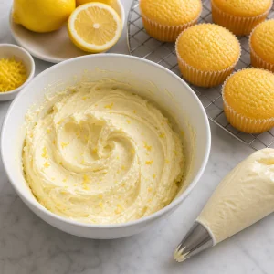 Fluffy lemon buttercream with a piping bag and cooled cupcakes