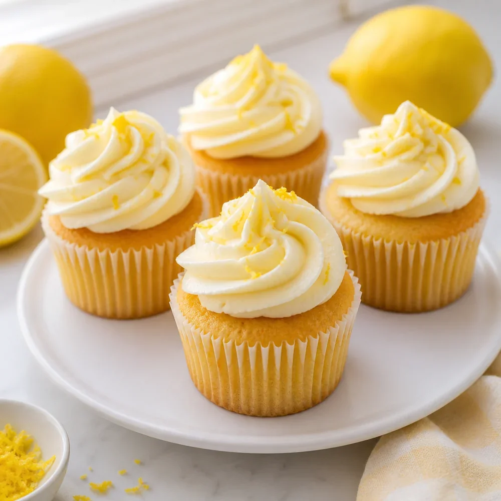 Lemon cupcakes with lemon buttercream on a white plate