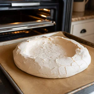Baked pavlova shell cooling beside the oven