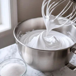 Glossy meringue whipped to stiff peaks