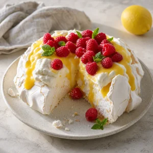 Pavlova com creme de limão, chantilly e framboesas
