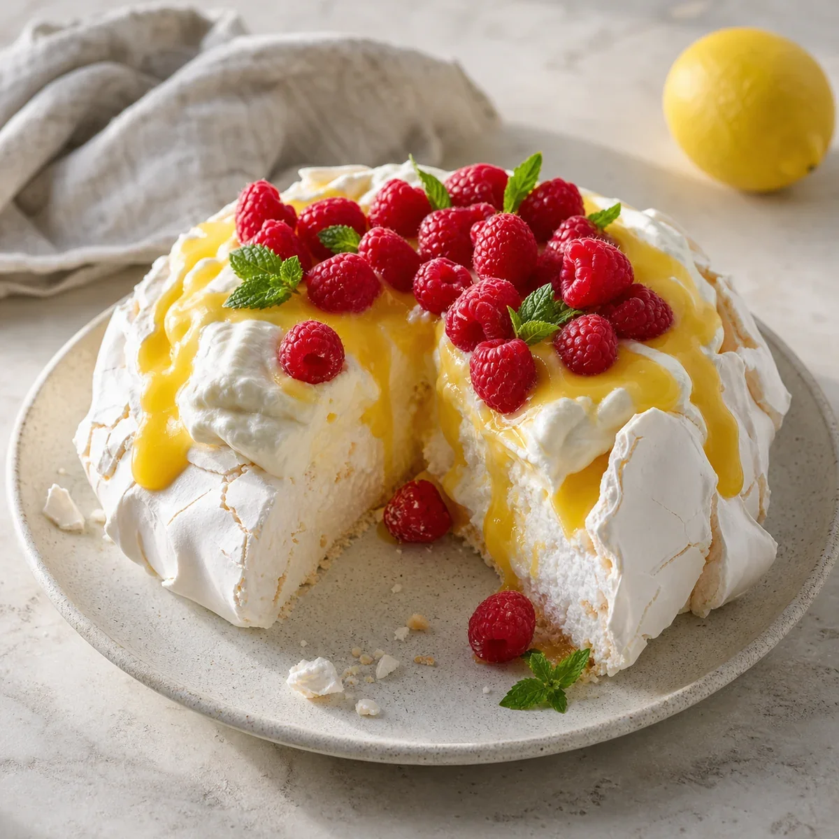 Lemon curd pavlova with whipped cream and raspberries