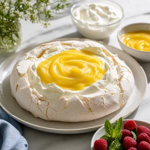 Pavlova filled with whipped cream and lemon curd