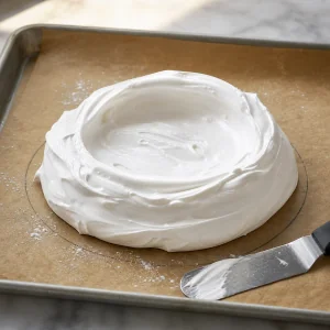 Raw pavlova meringue shaped with a center well