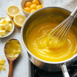Thick lemon curd whisked in a saucepan