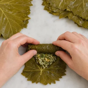 Виноградный лист наполняют рисом с травами и плотно сворачивают в аккуратную долму