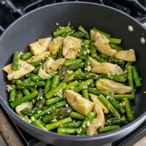Asparagus sauteed with minced garlic and marinated artichoke hearts