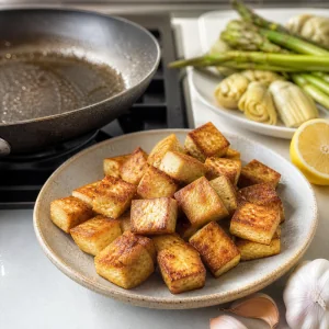 Crispy golden tofu cubes set aside after browning