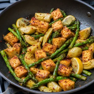 Crispy tofu returned to asparagus and artichokes with lemon soy glaze