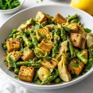 Finished lemon garlic tofu stir fry with asparagus artichokes and parsley