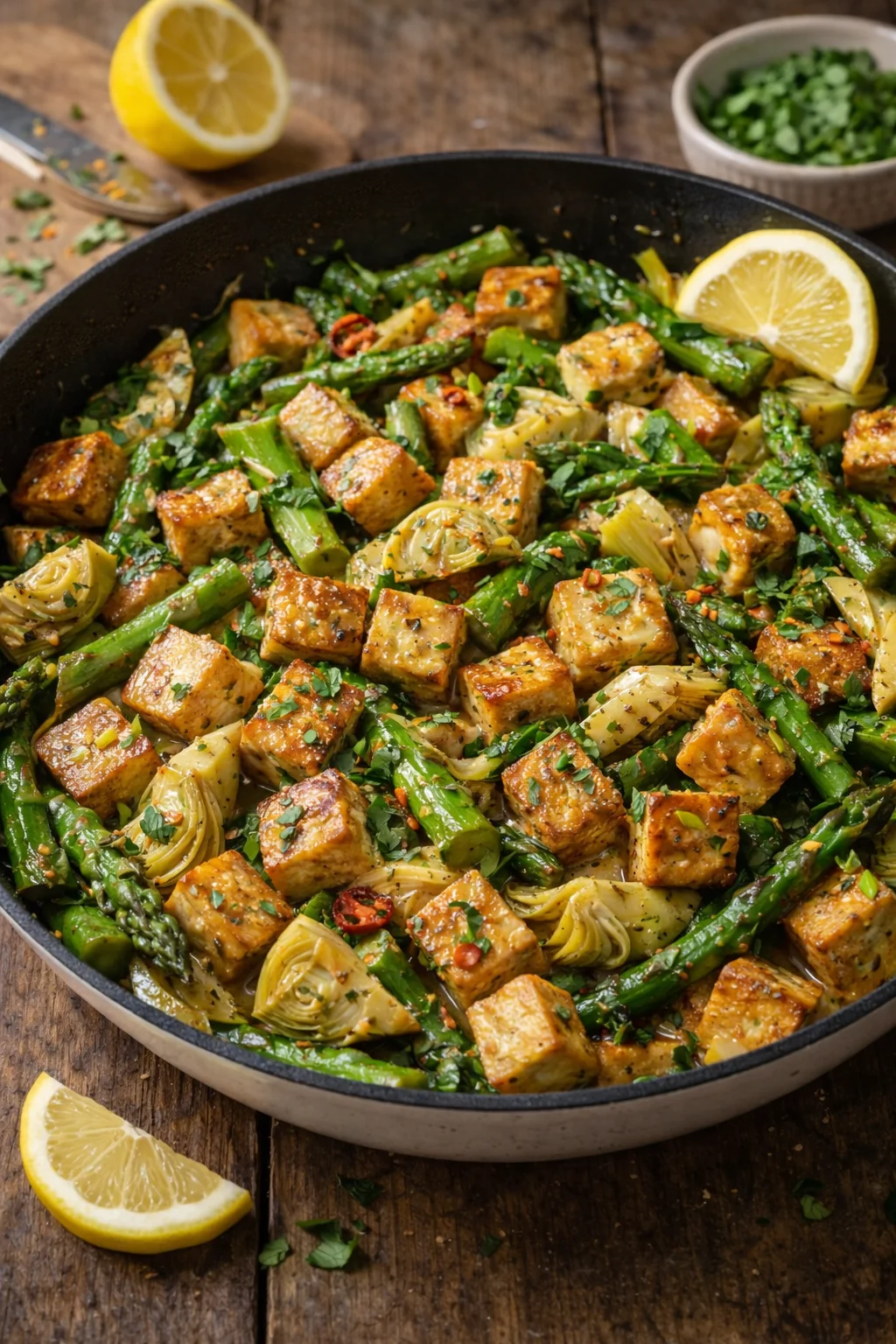 Smażone tofu ze szparagami, czosnkiem i karczochami