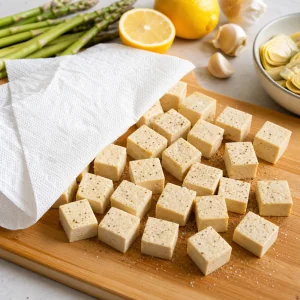 Pressed tofu cubes patted dry and seasoned with salt and pepper
