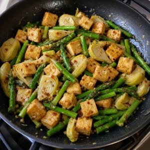 Tofu asparagus and artichoke stir fry tossed in a glossy glaze