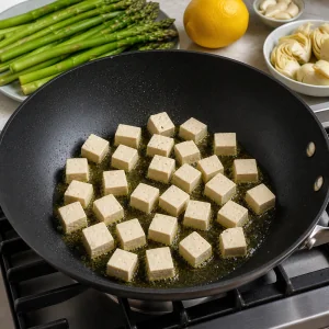 Tofu cubes sizzling in a single layer in olive oil