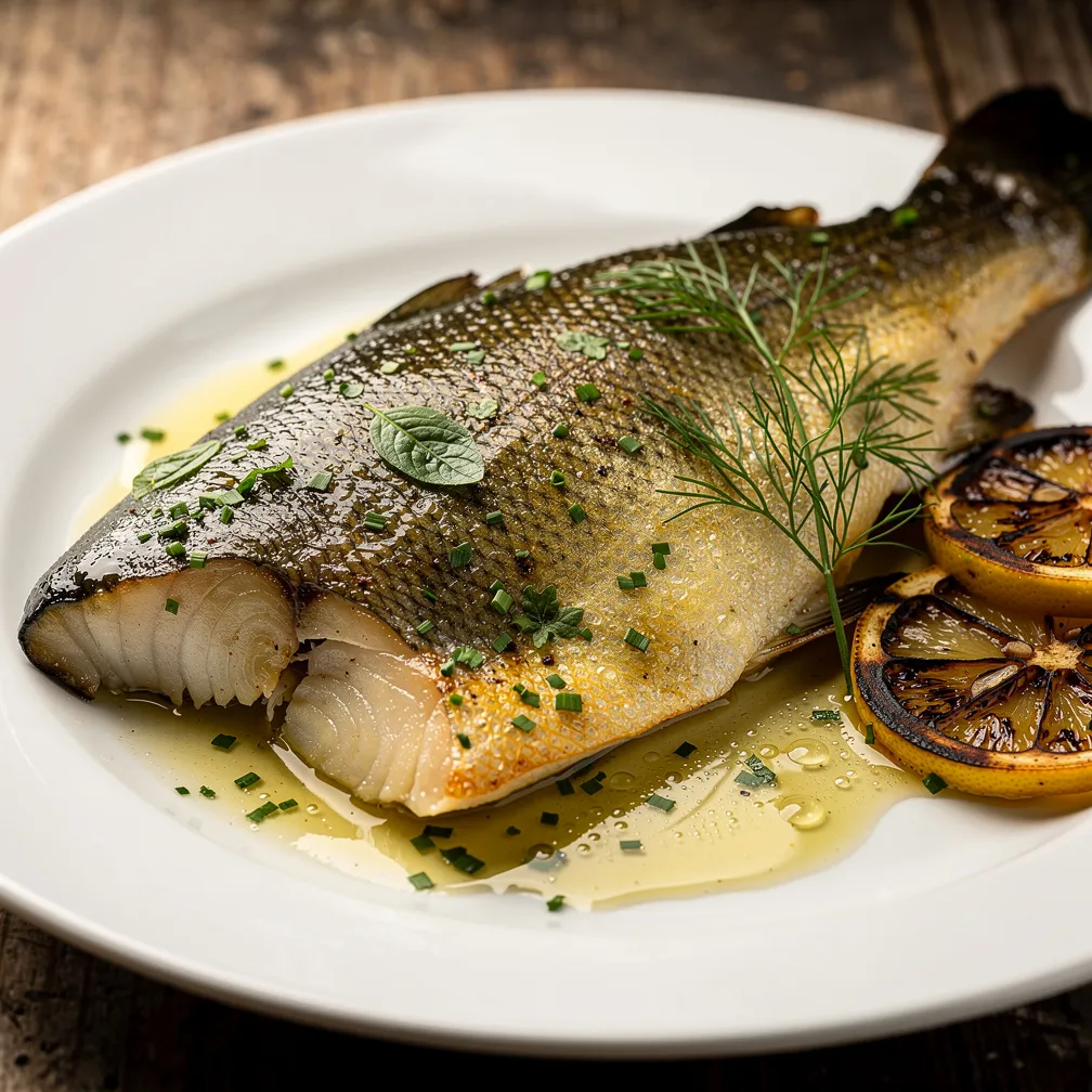 Filets de truite poêlés avec peau croustillante, garnis de sauce au beurre citronné et herbes fraîches dans une assiette blanche