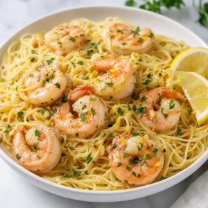 Lemon garlic butter shrimp scampi with angel hair pasta and lemon wedges