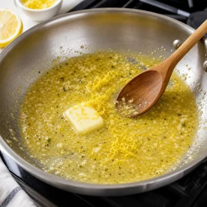 Lemon juice, lemon zest, and butter stirred into glossy scampi sauce