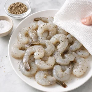 Raw shrimp patted dry and seasoned with salt and black pepper