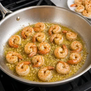 Shrimp cooking in a single layer in garlic butter until pink