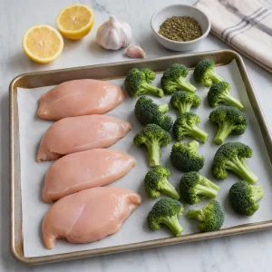 Chicken breasts and broccoli arranged on a parchment lined sheet pan