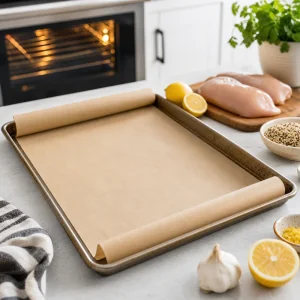 Large baking sheet lined with parchment for lemon garlic chicken bowls