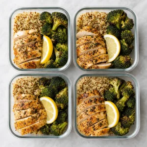 Meal prep containers filled with quinoa sliced lemon garlic chicken and roasted broccoli