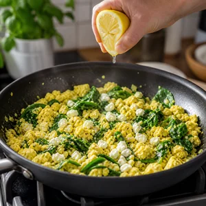 Lemon Garlic Tofu Scramble with Sautéed Spinach