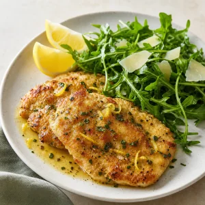 Bifes finos de frango dourados com salada de rúcula e gomos de limão