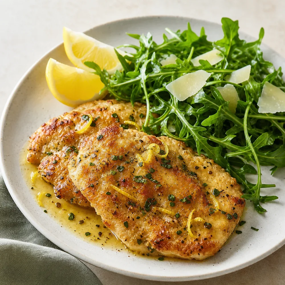 Goldbraune Hähnchenschnitzel mit Rucolasalat und Zitronenspalten