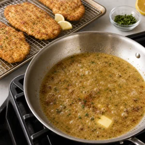 Лимонный соус кипит в сковороде, а золотистые куриные отбивные лежат на решетке