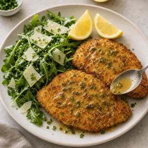 Лимонный соус ложкой поливают на золотистые куриные отбивные с салатом из рукколы