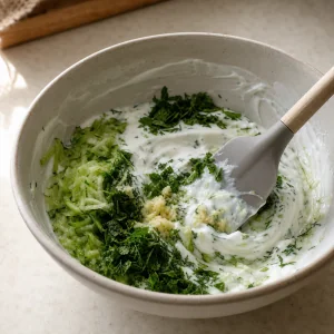 Cetriolo ed erbe fresche incorporati al composto di yogurt