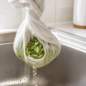 Cetriolo grattugiato strizzato in un canovaccio pulito