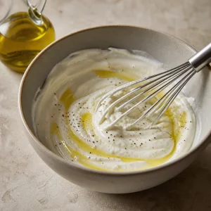 Yogurt greco lavorato con olio d’oliva, sale e pepe nero