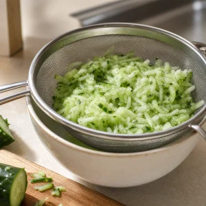 Cetriolo grattugiato e salato che scola in un colino fine