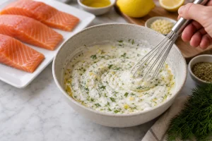 Marinada de iogurte grego misturada com limao, alho, oregano e endro