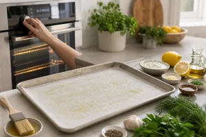Assadeira preparada com papel manteiga para assar salmao