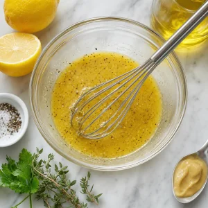 Cytrynowo-dijoński winegret ubity z oliwą, sokiem z cytryny, solą i pieprzem.