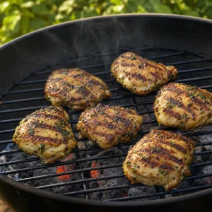 Browned chicken thighs cooking after being turned on the grill