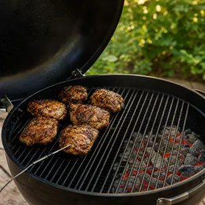 Chicken thighs finishing over indirect heat with a thermometer probe