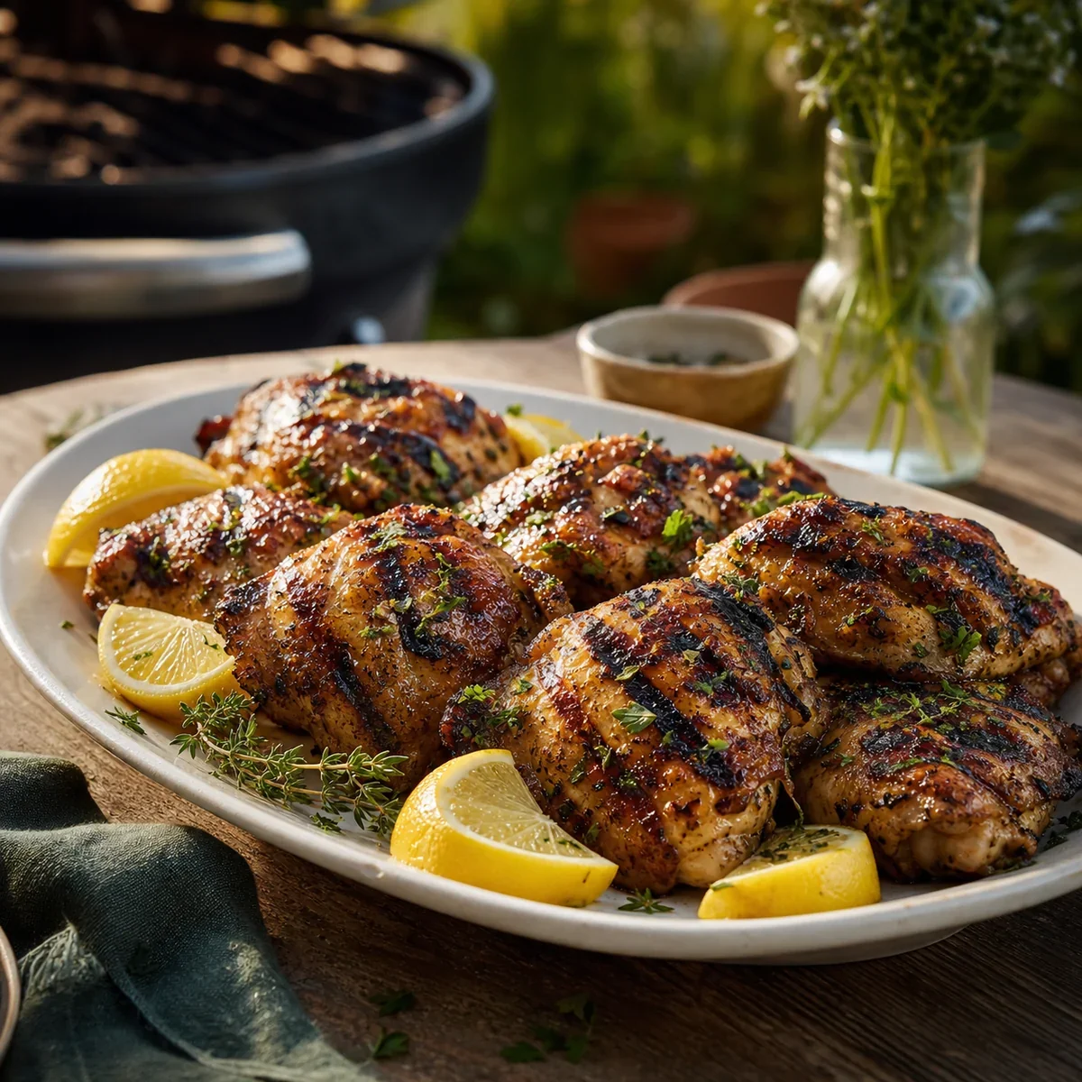 Lemon herb grilled chicken thighs on a platter with lemon wedges