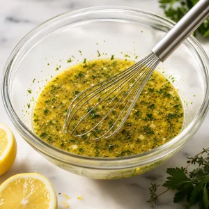 Lemon herb marinade with garlic in a glass bowl
