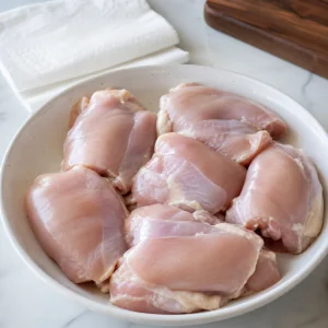 Raw boneless chicken thighs patted dry in a shallow dish